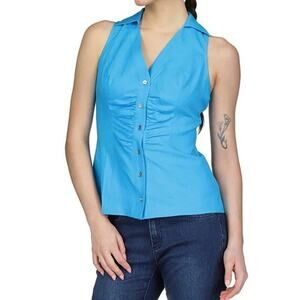 Michael Kors Womens Collar Halter Sleeveless Summer Top Blue Linen Size L